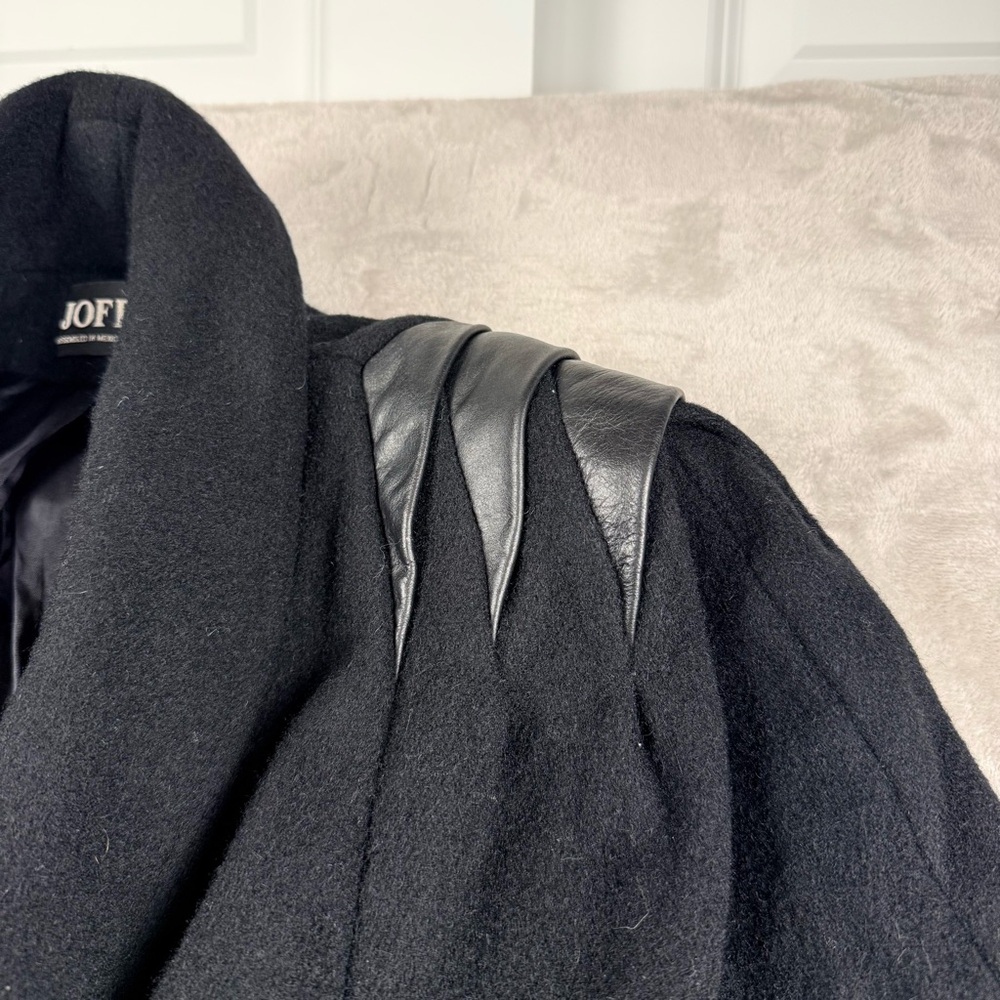 Vintage Jofeld Black Wool Blend Long Coat Leather Shoulder Detail USA Size S - Picture 5 of 12